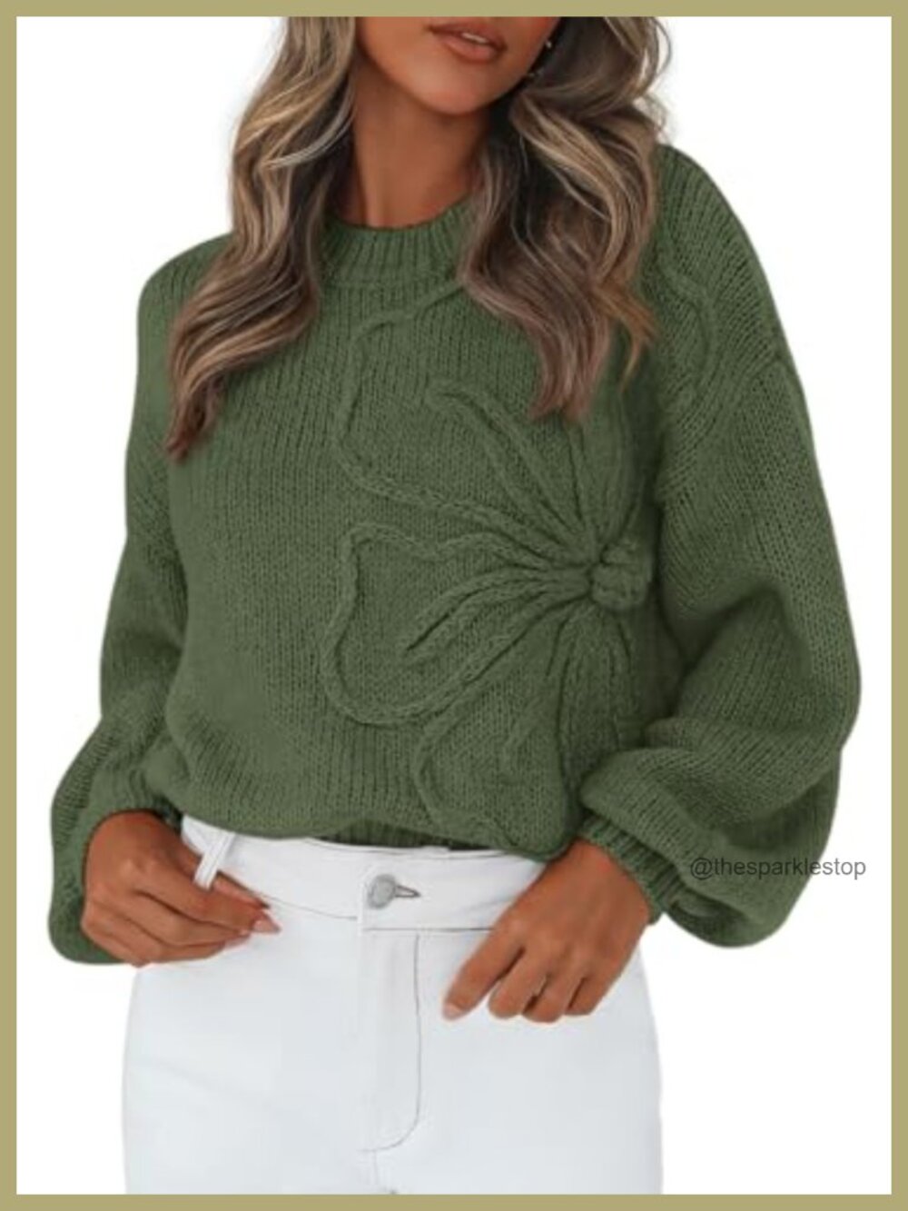 Oversized 3D Floral Knit Sweater Crew Neck Drop Shoulder Pullover